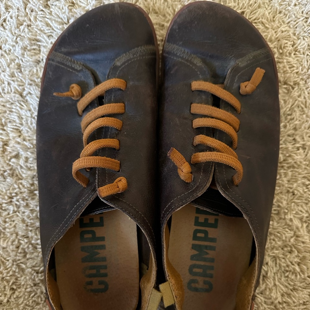 Camper Dark Brown Leather Slip-On Loafers with Tan Laces